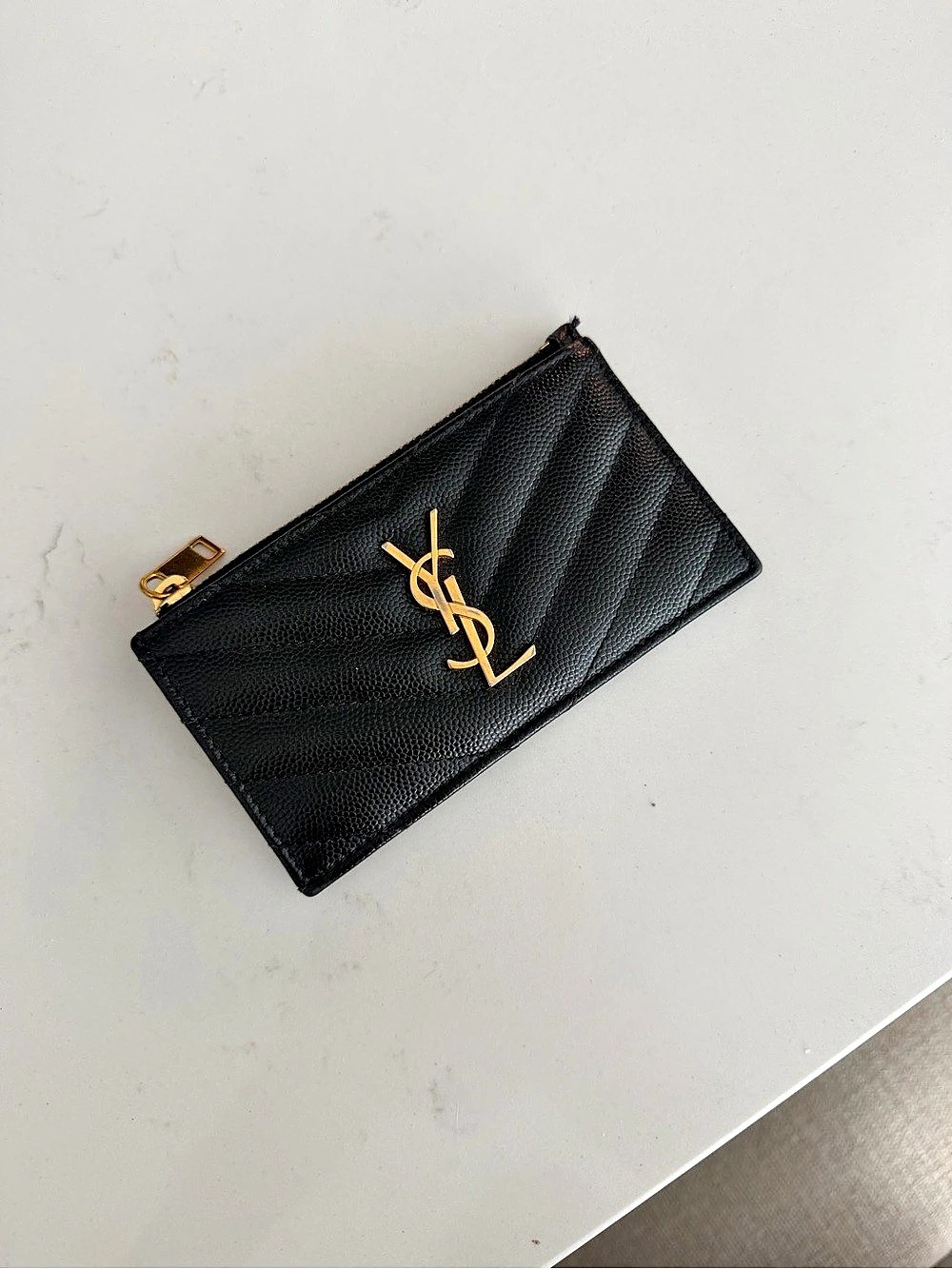 Saint Laurent Monogram Fragments Zipped Card Case in Grain de Poudre Leather